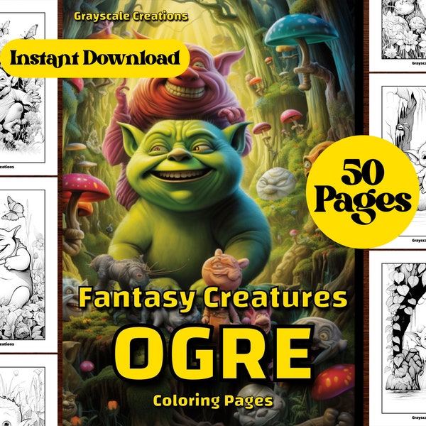 50 Cute Baby Ogre Coloring Page Book, Printable PDF Sheet, Instant Download, Grayscale Coloring, Adults + Kid, ADHD DND, Monster Elf Troll