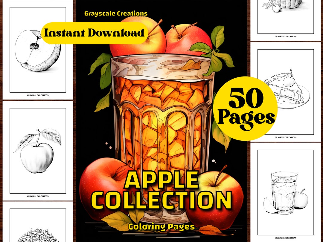 50 Apple Collection Coloring Page Book, Food Drinks Culinary, Printable ...