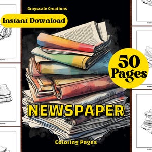 50 Newspaper Coloring Page Book, Object Motor Nature Car Vintage, Printable PDF Sheets,  Grayscale Coloring, Adults + Kids