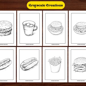 May include: A set of eight black and white line drawings of fast food items, including burgers, fries, hot dogs, and a glass of iced tea. The drawings are on a white background.