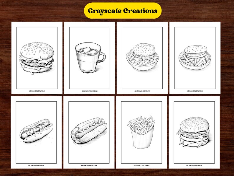 May include: A set of eight black and white line drawings of fast food items, including burgers, fries, hot dogs, and a glass of iced tea. The drawings are on a white background.