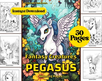50 Pegasus Coloring Page Book, Printable PDF Sheets, Instant Download, Grayscale Coloring, Adults + Kids, ADHD DND, Horse Unicorn Fantasy