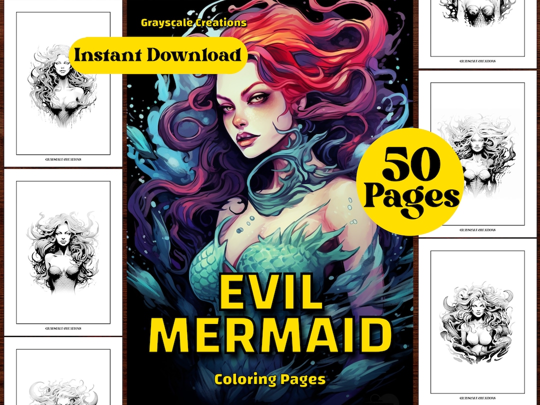50 Evil Mermaid Coloring Page Book, Fantasy Enchanted Creatures ...