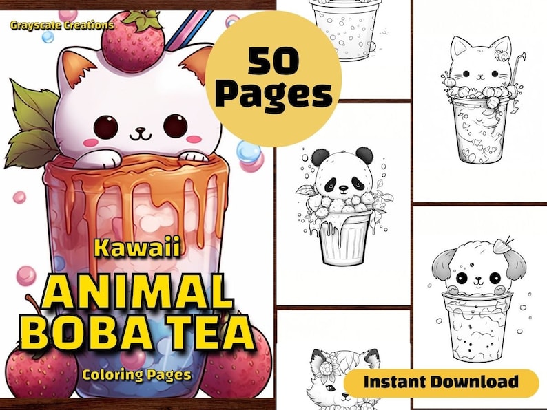 50 Animal Boba Tea Coloring Page Book Cat Dog Panda Fox Cute Etsy