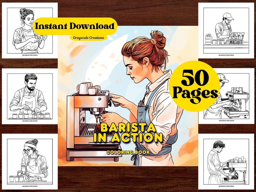 50 Baristas in Action Coloring Page Book, Coffee Barista Lines ...