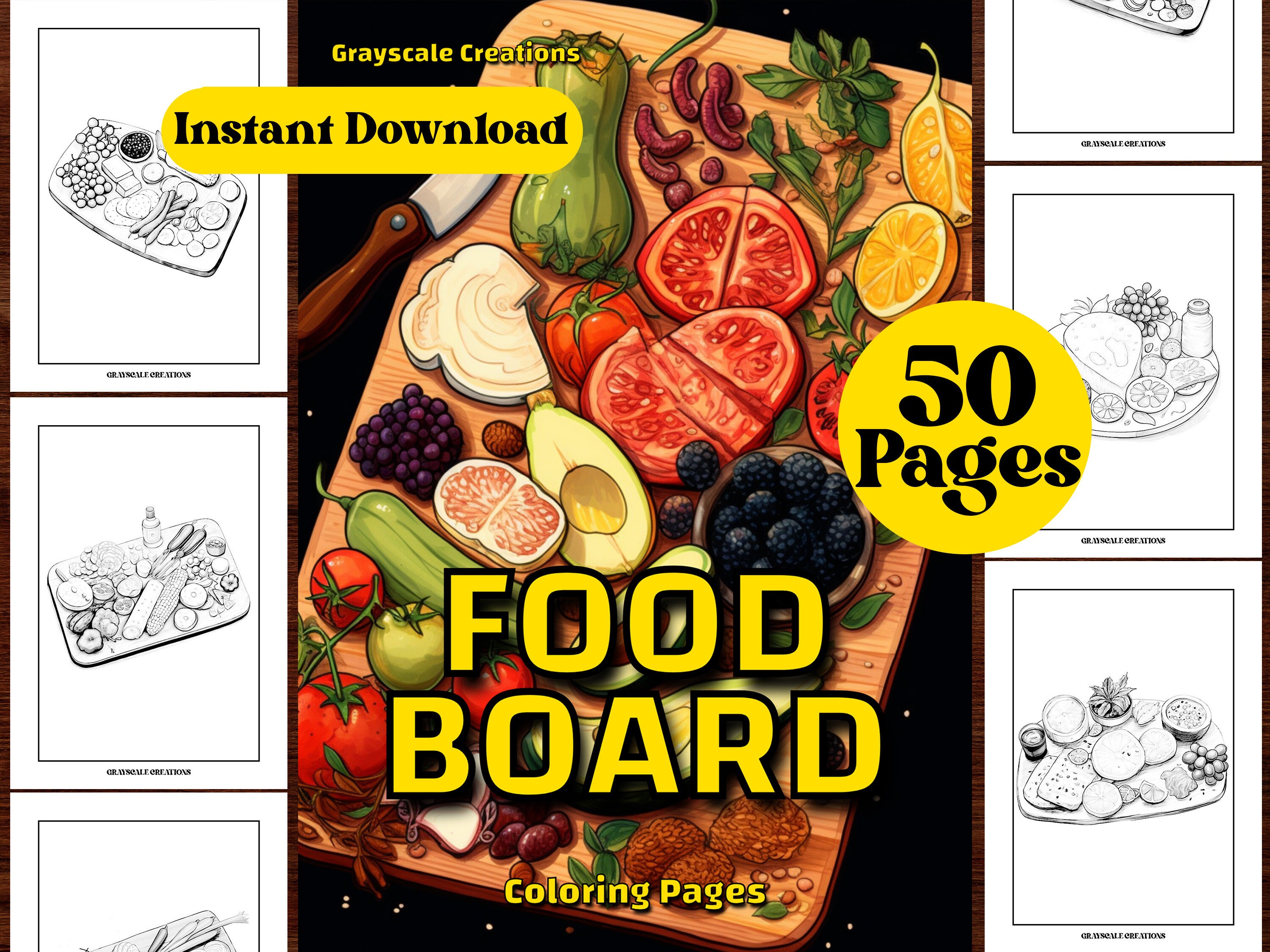 50 Food Board Coloring Page Book, Food Beverage Drinks Culinary, Printable PDF Sheets, Instant Download, Grayscale Coloring, Adults + Kids,