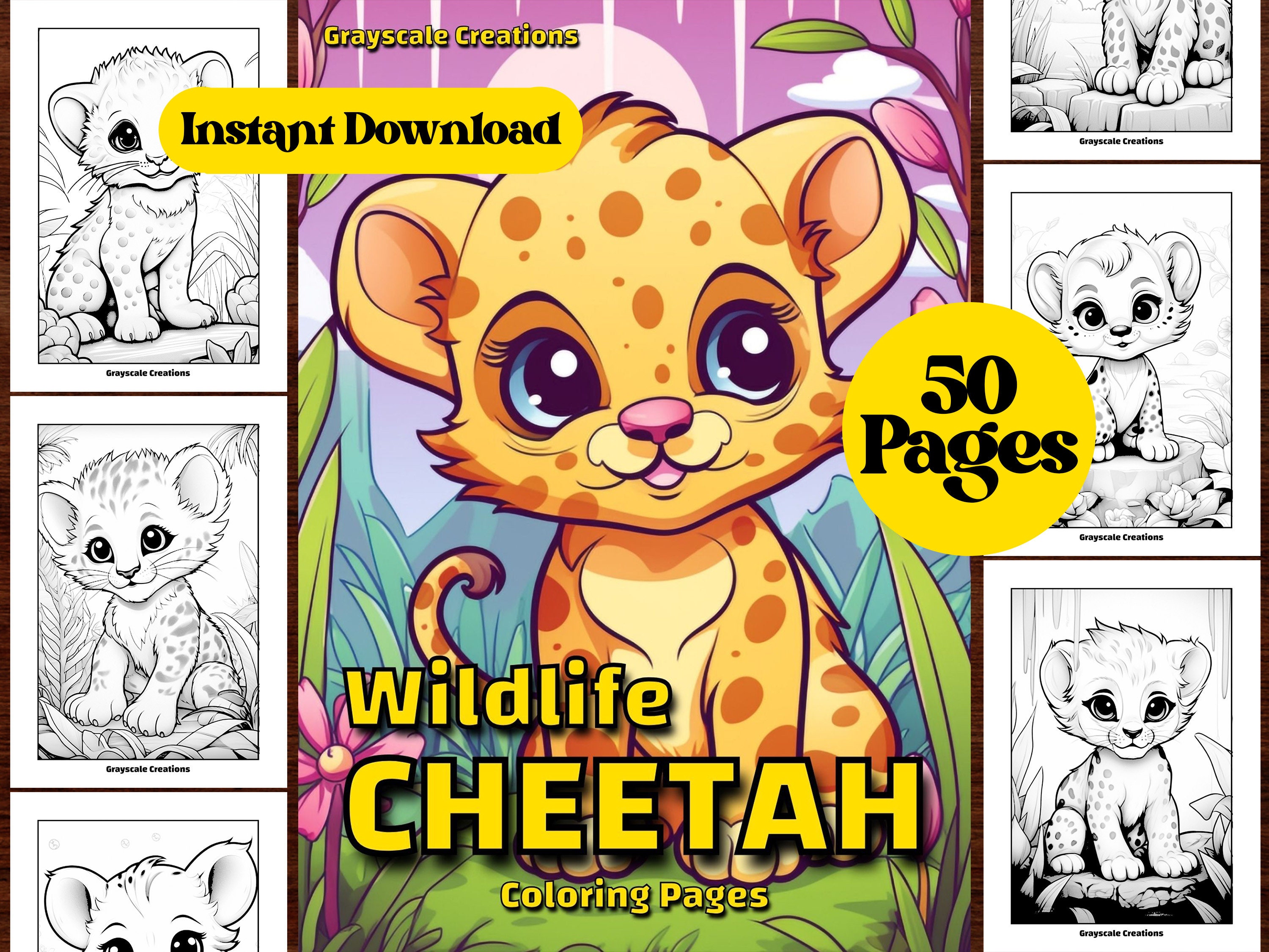 50 Cute Cheetah Coloring Page Book, Printable PDF Sheets, Instant ...
