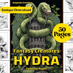 50 Libro de páginas para colorear Scary Hydra, Hojas PDF imprimibles, Descarga instantánea, Coloración en escala de grises, Adultos + Niños, TDAH DND, Dragón Serpiente Monstruo