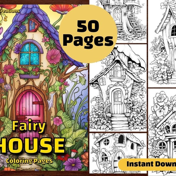 50 Fairy Garden House Coloring Page Book, Printable PDF Sheets, Instant Download, Grayscale Coloring, Adults + Kids, ADHD DND, Mystical