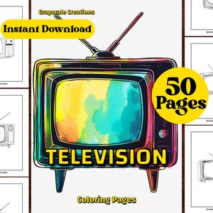 50 Television Coloring Page Book, Object Motor Nature Car Vintage, Printable PDF Sheets,  Grayscale Coloring, Adults + Kids