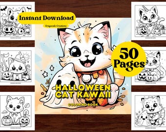 50 Cat Kawaii Halloween Cozy Bold and Easy Coloring Pages – Printable Digital Download PDF for Kids & Adults – 8.5x8.5 Relaxing Book