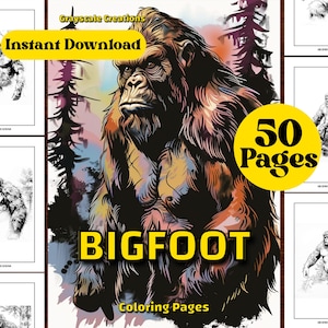 50 kolorowanek Bigfoot, Halloween Cartoon Creepy, arkusze PDF do wydrukowania, natychmiastowe pobieranie, kolorowanie w skali szarości, dorośli + dzieci
