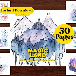 Könnte beinhalten: Ein digitales Malbuch mit 50 Seiten fantastischer umgekehrter Malvorlagen. Das Cover zeigt eine Aquarellillustration einer Burg auf einem Berg mit dem Text "Magic Land Fantasy Reverse Coloring Book".