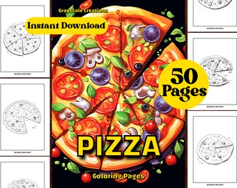 50 Pizza Coloring Page Book, Food Beverage Drinks Culinary, Printable PDF Sheets, Instant Download, Grayscale Coloring, Adults + Kids,