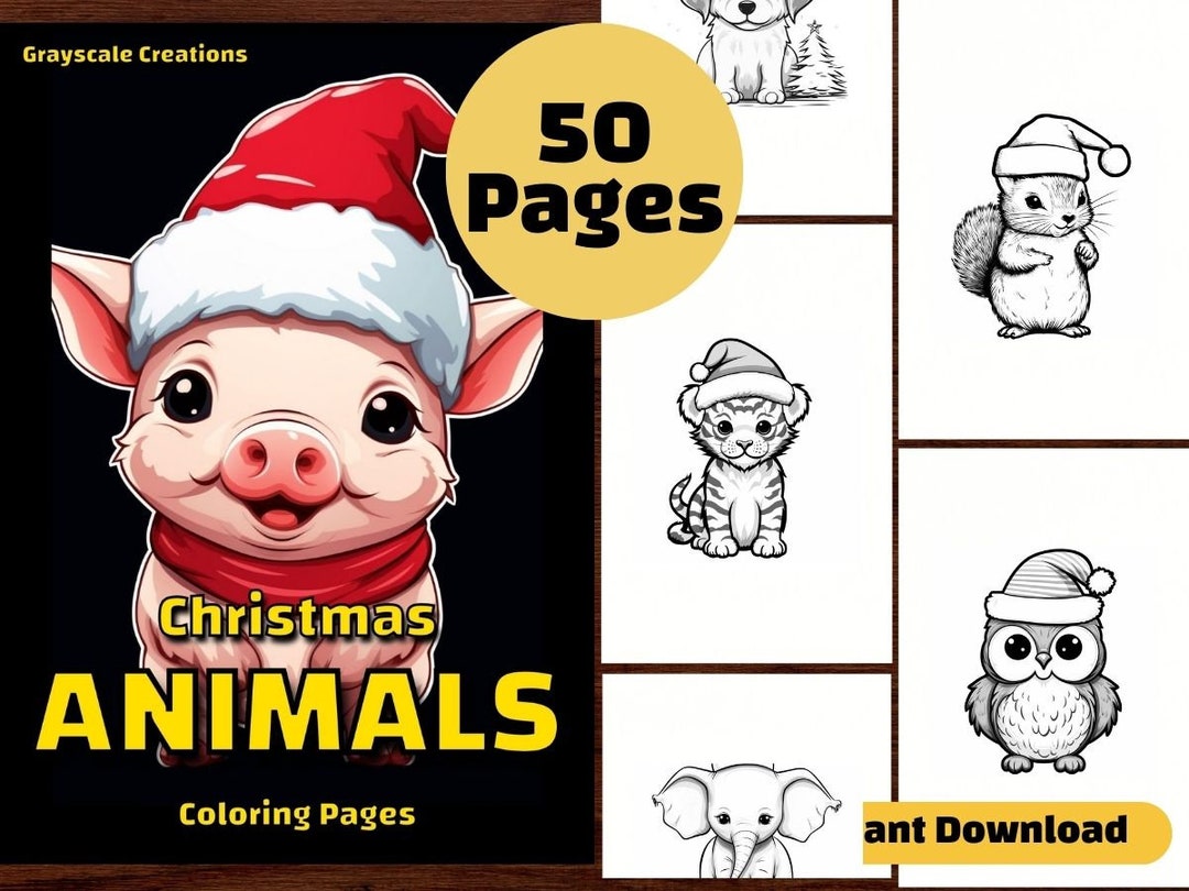 50 Animals Christmas Coloring Page Book, Pig Squirrel Sheep Owl Pinguin