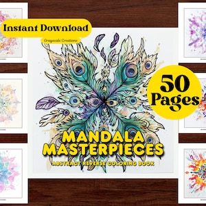 Könnte beinhalten: Ein digitaler Download eines 50-seitigen Malbuches mit abstrakten Mandalamotiven. Das Cover zeigt ein farbenfrohes Pfauenfeder-Mandala mit dem Titel "Mandala Masterpieces: Abstract Reverse Coloring Book".