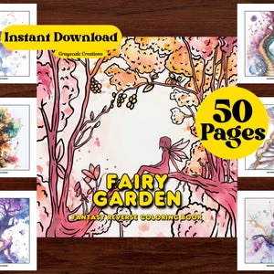 Könnte beinhalten: Digitaler Download eines Fantasy-Malbuchs "Fairy Garden". Das Cover zeigt eine Fee, die auf einem Ast sitzt, mit den Worten "Fairy Garden" und "50 Pages" in einem gelben Kreis. Zusätzliche Aquarellillustrationen sind enthalten.
