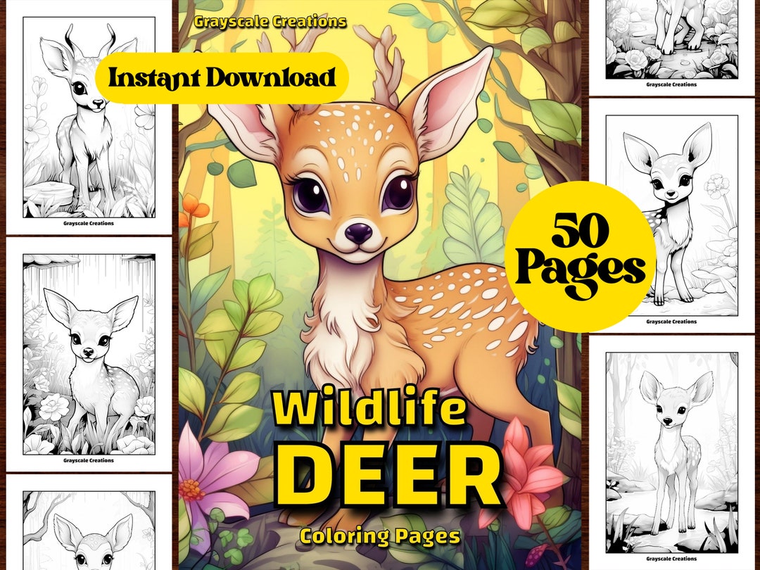 50 Cute Deer Coloring Page Book, Printable PDF Sheets, Instant Download ...
