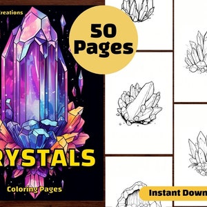 50 Kolorowanka Kryształowa, Halloween Gemstones Sparkle Gem, Arkusze PDF do druku, Natychmiastowe pobieranie, Kolorowanki w Skali Szarości, Dorośli + Dzieci