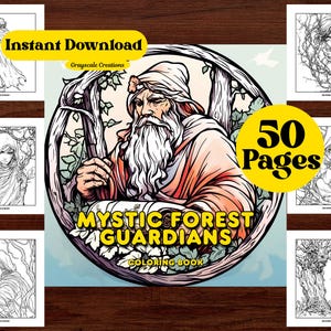 Peut inclure: Un livre de coloriage numérique intitulé "Mystic Forest Guardians" avec 50 pages. La couverture présente une illustration détaillée d'un vieil homme à longue barbe blanche, entouré d'arbres. Des illustrations en niveaux de gris supplémentaires sont affichées.