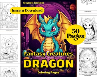 50 Cute Baby Dragon Coloring Page Book, Printable PDF Sheets, Instant Download, Grayscale Coloring, Adults + Kids, ADHD DND, Flower Cave