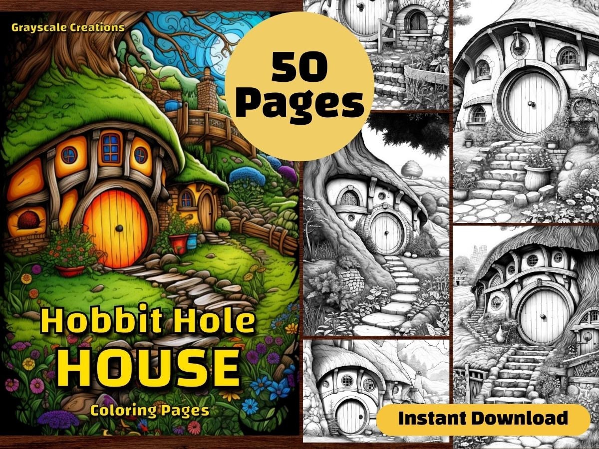 50 Hobbit Hole House Coloring Page Book, Printable PDF Sheets, Instant ...