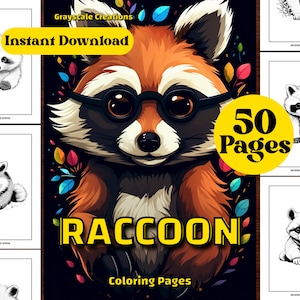 50 Malvorlagen für Waschbären, Waldtier-Fantasie, Geburtstagsaktivität, druckbare PDF-Blätter, Graustufen-Ausmalbilder, Erwachsene + Kinder