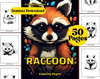 50 Raccoon Animal Coloring Page Book, Woodland Wildlife Fantasy, Birthday Activity, Printable PDF Sheets, Grayscale Coloring, Adults + Kids