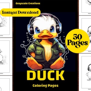 50 Duck Coloring Page Book, Baby Bird Woodland Animal, Festive Birthday Activity, Printable PDF Sheets,  Grayscale Coloring, Adults + Kids