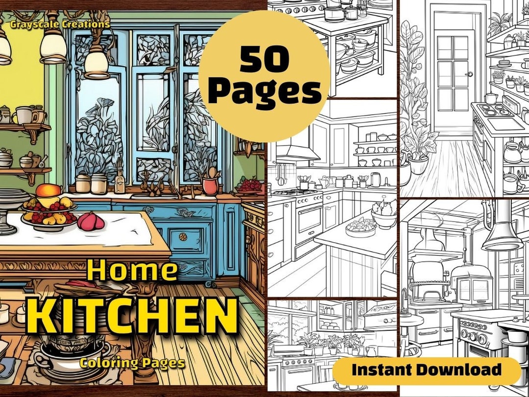 50 Kitchen Coloring Page Book, Printable PDF Sheets, Instant Download, Grayscale Coloring ...