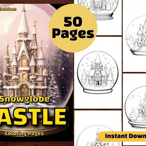 Livre de coloriage boules à neige 50 château, neige verre princesse fée Noël hiver festif vacances, feuille PDF imprimable, coloriage en niveaux de gris