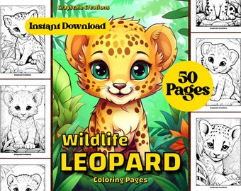 50 Cute Leopard Coloring Page Book, Printable PDF Sheets, Instant Download, Grayscale Coloring, Adults + Kids, Woodland Wildlife Animals