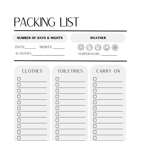 INSTANT DOWNLOAD PRINTABLE Aesthetic Minimalist Packing List- Clothes, Toiletries, Carry-on, Weather, Activities Vacation Packing Planner