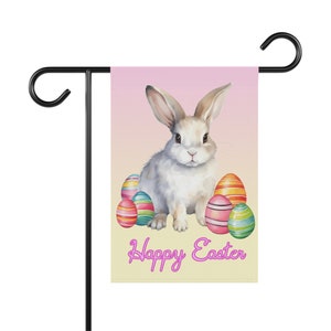 Happy Easter Bunny Painted Easter Eggs 12&quot;x18&quot; Garden Flag - Pastel Pink Yellow Colorful - Cute White Rabbit - Yard House Decor Decorations