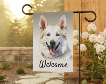 German Shepherd Garden Flag 12"x18" White GSD Welcome - Year-long