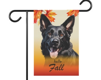 "Schwarzer Schäferhund - ""Hello Fall"" - Gartenfahne 30x45 cm."