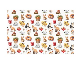 May include: A watercolour pattern featuring a variety of woodland creatures and objects, including foxes, rabbits, geese, cats, berries, mushrooms, pies, teacups, and baskets of carrots. The pattern is set against a white background.