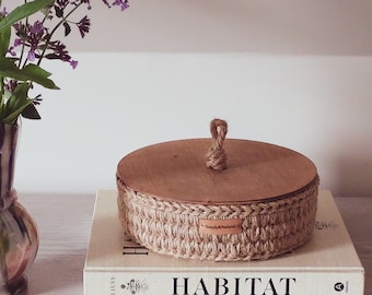 Jute basket with wooden lid and wooden bottom for hotels, for home, bathroom, kitchen, living room, kid's room, rustic, scandinavian style