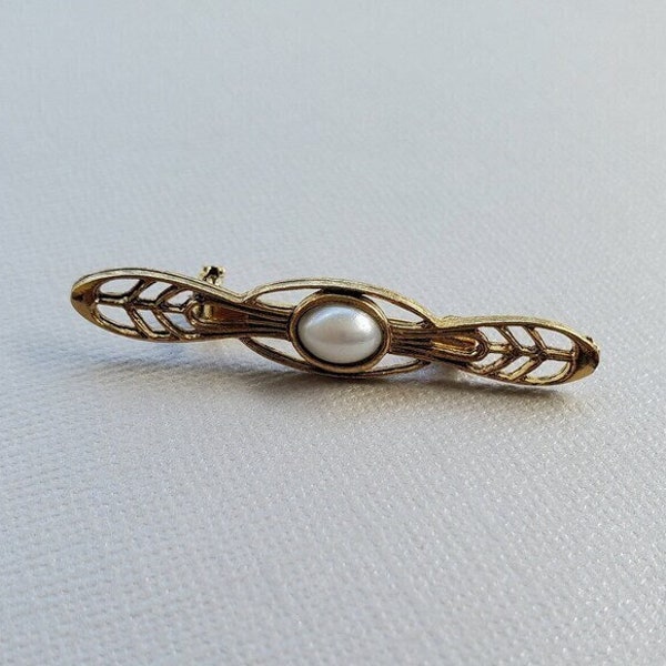 Vintage Art Deco Brooch/Gold Tone Pearlescent Brooch/Great Gatsby Costume Brooch/1920s Style Costume Jewelry/Oval Round Pearl Pin/Faux Pearl