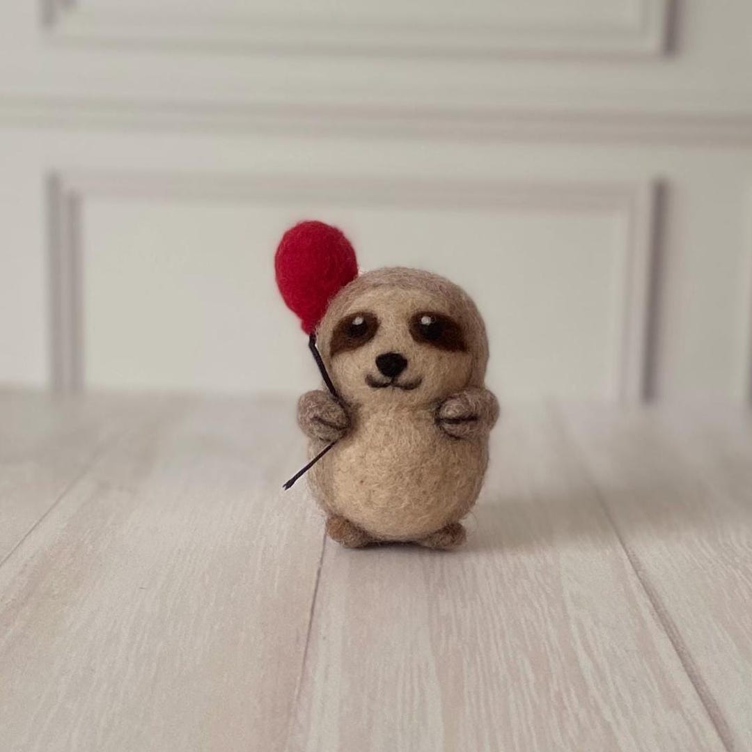 Needle Felted Sloth With Red Balloon: Handmade Wool Sculpture - Etsy