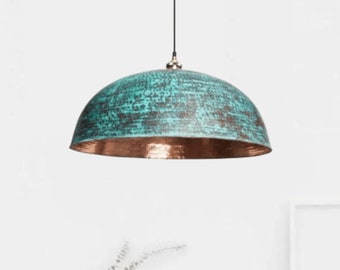 Oxidized Copper Pendant Farmhouse Light, Hammered Patina Copper Pendant Light, Green Patina Ceiling Lamp - Kitchen Island Lighting