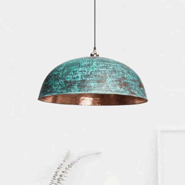 Oxidized Copper Pendant Farmhouse Light, Hammered Patina Copper Pendant Light, Green Patina Ceiling Lamp - Kitchen Island Lighting