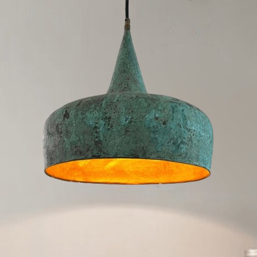 Lampe de ferme patinée, suspension en cuivre patiné, plafonnier de cuisine patiné verte, éclairage pour îlot de cuisine en cuivre oxydé