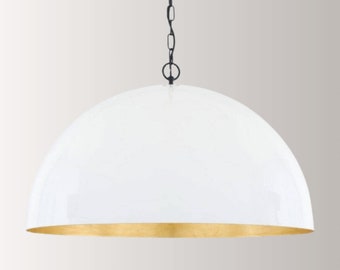 Suspension blanche - Plafonnier pour îlot de cuisine moderne - Dôme blanc et or - Suspension blanche avec chaîne