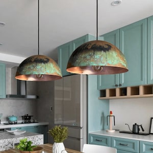 Lampes suspendues de ferme pour îlot de cuisine, suspension en cuivre oxydé, abat-jour suspendu en cuivre patiné, art déco image 4