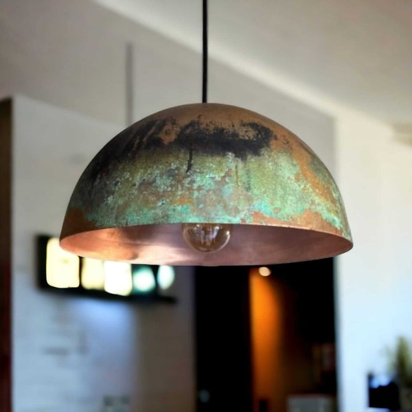 Luces colgantes de granja para isla de cocina, luz colgante de cobre oxidado, pantalla colgante de cobre pátina, Art Déco