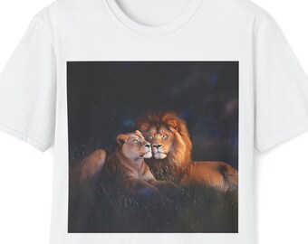 May include: A white t-shirt with a graphic print of a lion and lioness cuddling in a dark forest setting.