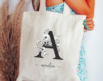 Personalized Canvas Tote Bag Custom Gift Monogram Floral Bag Eco Friendly Gifts Canvas Bag for Her Reusable Bag Gift for Mom Tote Bags