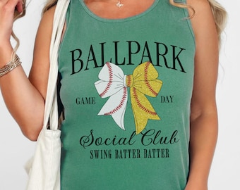 Baseball and Softball Comfort Colors® Tank Top, Game Day T-shirt, Sports Mom Tank, Baseball and Softball Bow Tee, Ballpark Social Club Shirt