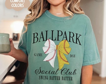 Baseball and Softball Comfort Colors® Shirt, Game Day T-shirt, Sports Mom Shirt, Baseball and Softball Bow Tee, Ballpark Social Club Tshirt